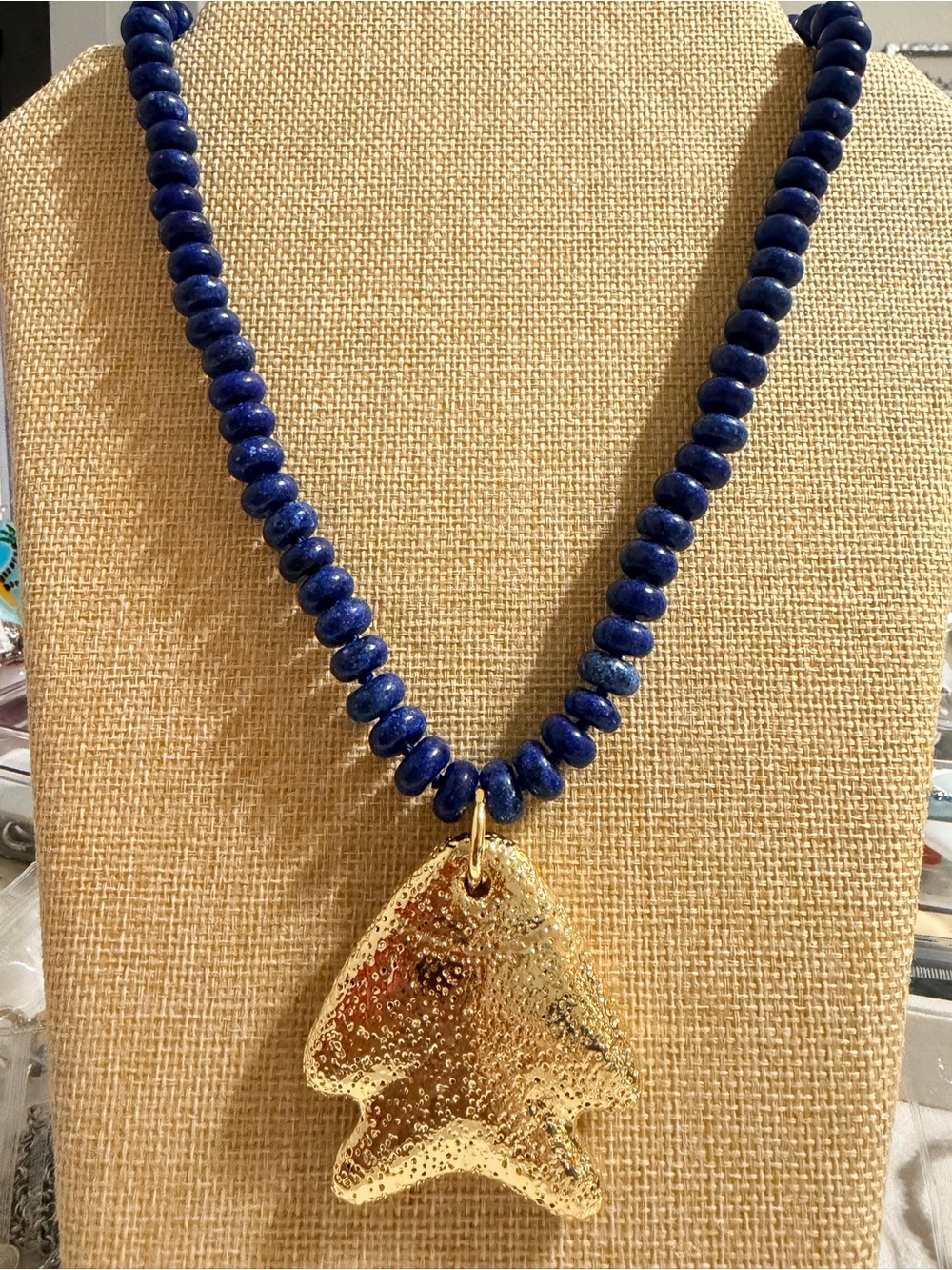 Gold Fish Pendant Necklace with Natural Blue Lapis Beads - Women's Jewelry